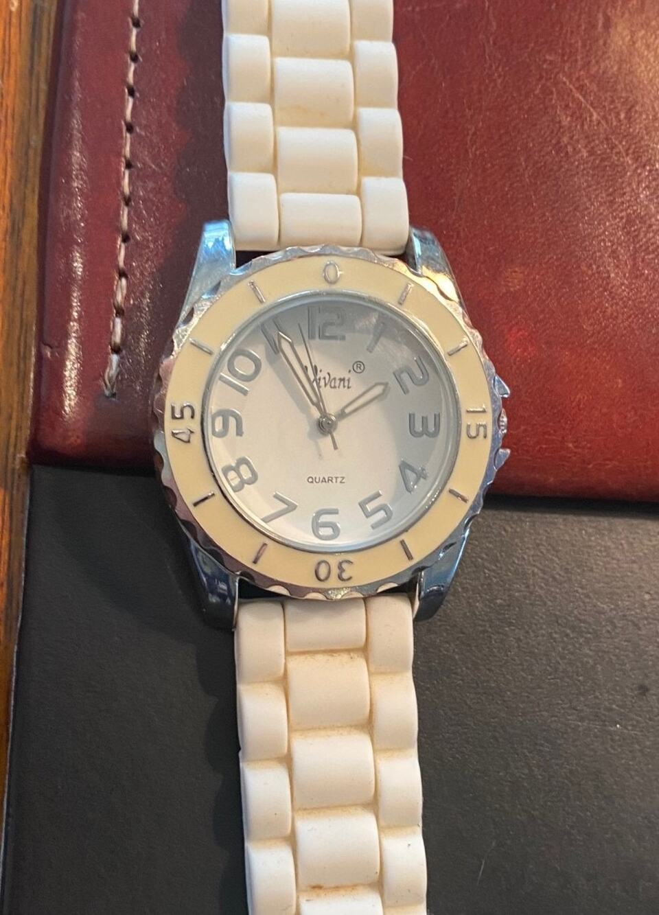 Women's Silver Tone Vivani Watch, Ivory Tone Bezel, White Poly Band